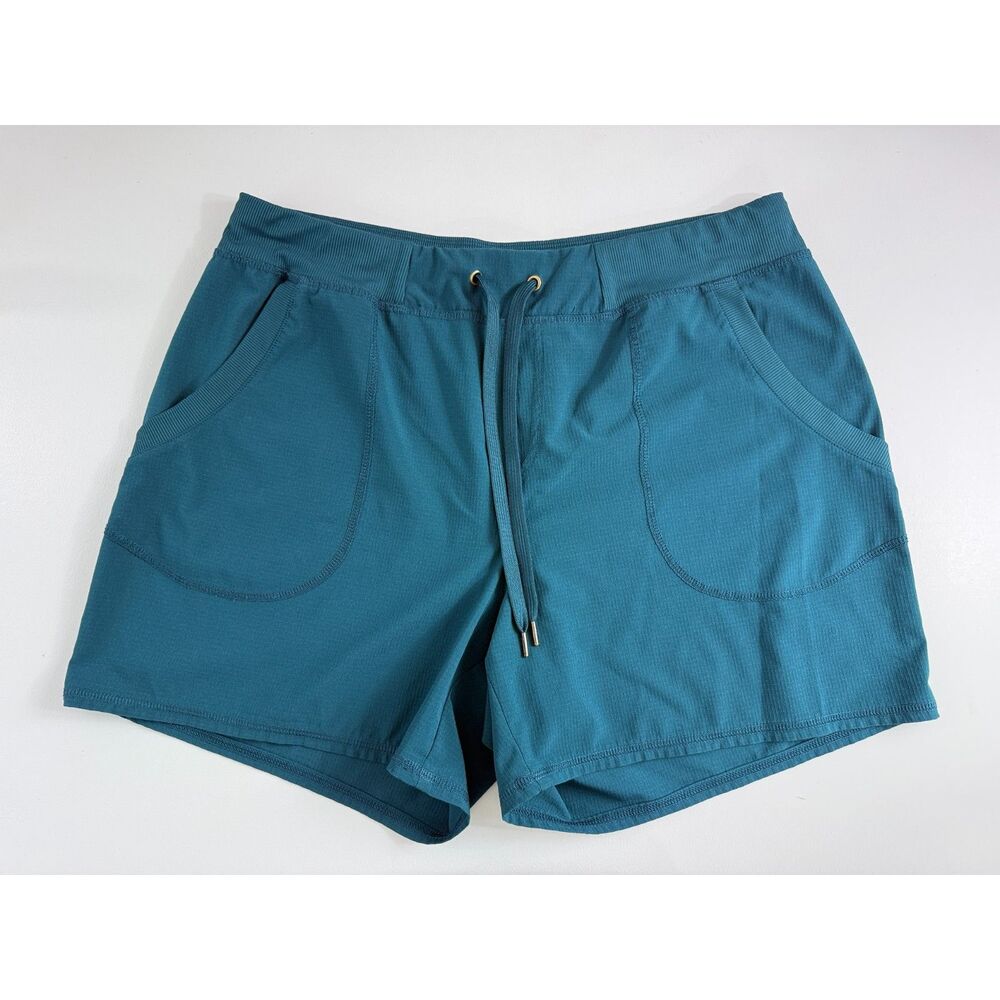 St Johns Bay Womens L Teal Athletic Shorts Drawstring Patch Pockets Stretch